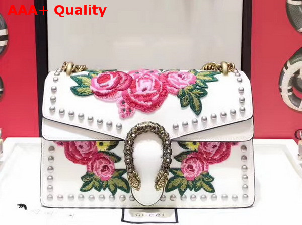 Gucci Dionysus Embroidered Studded Shoulder Bag in White Smooth Leather Replica