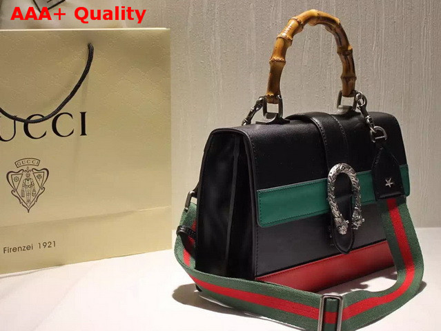 Gucci Dionysus Leather Top Handle Bag Black Evergreen and Hibiscus Red Leather Replica