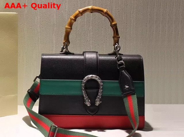 Gucci Dionysus Leather Top Handle Bag Black Evergreen and Hibiscus Red Leather Replica