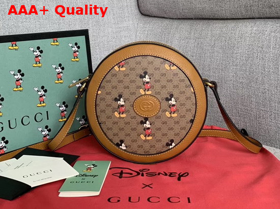 Gucci Disney X Gucci Round Shoulder Bag Beige Ebony Mini GG Supreme Canvas with Mickey Mouse Print and Light Brown Leather Trim 603938 Replica