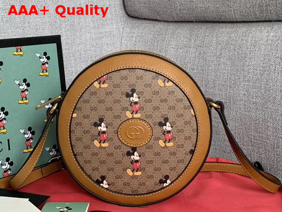 Gucci Disney X Gucci Round Shoulder Bag Beige Ebony Mini GG Supreme Canvas with Mickey Mouse Print and Light Brown Leather Trim 603938 Replica