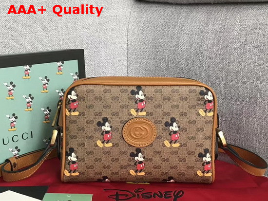 Gucci Disney X Gucci Shoulder Bag Beige Ebony Mini GG Supreme Canvas with Mickey Mouse Print and Light Brown Leather Trim 602536 Replica