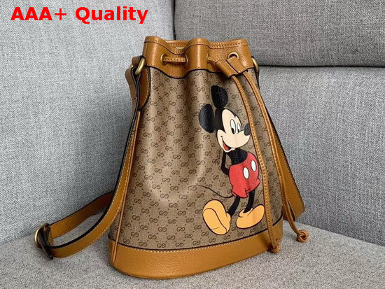 Gucci Disney X Gucci Small Bucket Bag Beige Ebony Mini GG Supreme Canvas with Mickey Mouse Print and Light Brown Leather Trim 602691 Replica