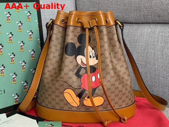 Gucci Disney X Gucci Small Bucket Bag Beige Ebony Mini GG Supreme Canvas with Mickey Mouse Print and Light Brown Leather Trim 602691 Replica