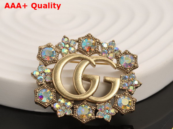 Gucci Double G Crystal Flower Brooch Antique Gold Toned Metal 753794 Replica