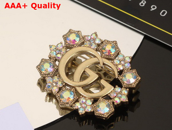 Gucci Double G Crystal Flower Brooch Antique Gold Toned Metal 753794 Replica