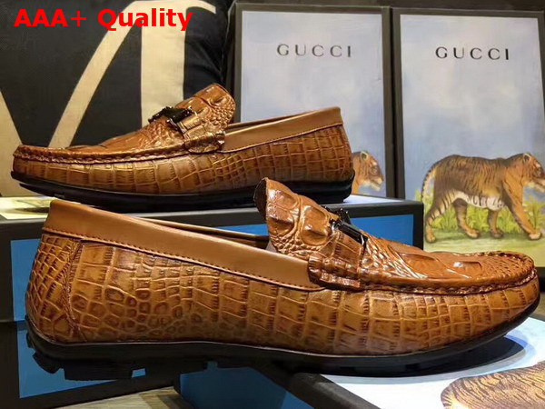 Gucci Driver Shoes in Brown Crocodile Embossed Leather Replica