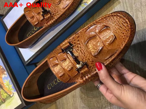 Gucci Driver Shoes in Brown Crocodile Embossed Leather Replica