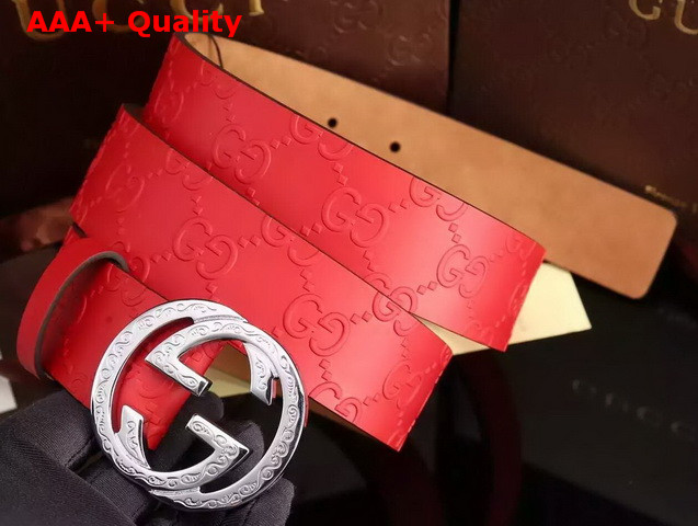 Gucci Embossed Leather GG Belt With G Buckle Red Replica