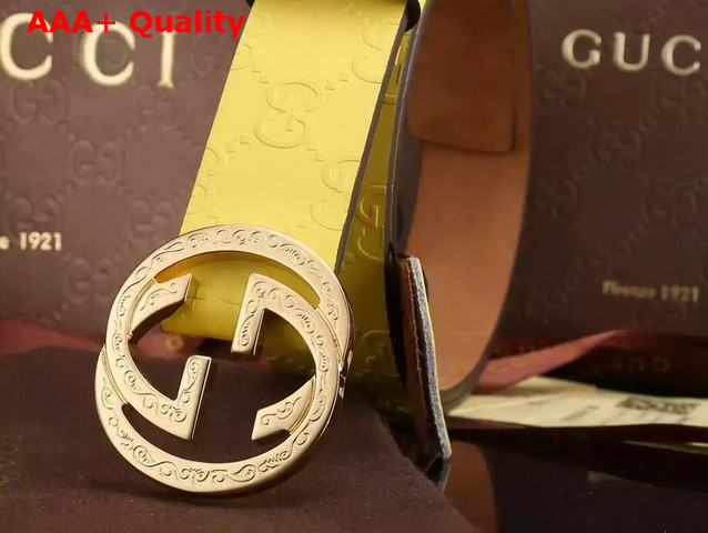 Gucci Embossed Leather GG Belt With Gold G Buckle Yellow Replica