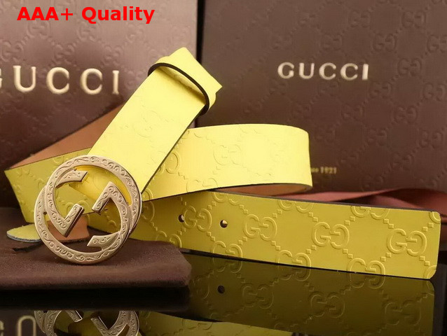 Gucci Embossed Leather GG Belt With Gold G Buckle Yellow Replica