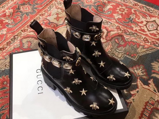 Gucci Embroidered Leather Ankle Boot Black Leather Detachable Ankle Belt with Crystals and Double G 557735