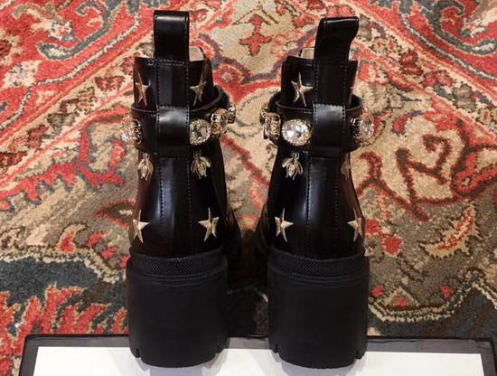 Gucci Embroidered Leather Ankle Boot Black Leather Detachable Ankle Belt with Crystals and Double G 557735