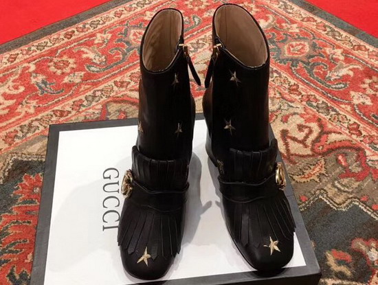 Gucci Embroidered Leather Mid Heel Ankle Boot Black 551545