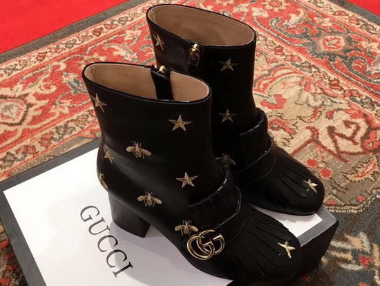 Gucci Embroidered Leather Mid Heel Ankle Boot Black 551545