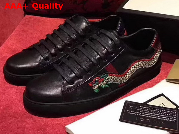 Gucci Embroidered Sneaker Dragon Embroidering Black Calf Leather Replica