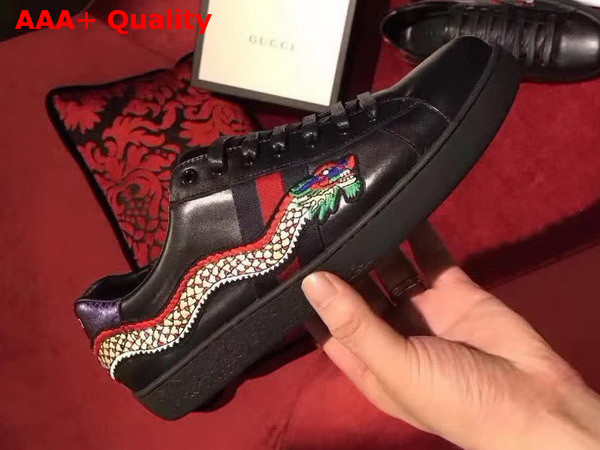 Gucci Embroidered Sneaker Dragon Embroidering Black Calf Leather Replica