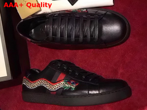 Gucci Embroidered Sneaker Dragon Embroidering Black Calf Leather Replica