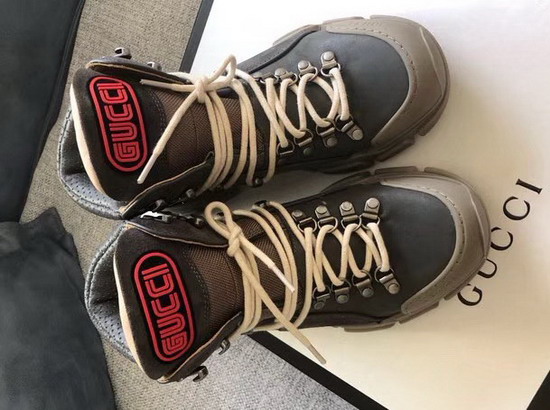 Gucci Flashtrek High Top Sneaker Grey Leather and Brown Suede and Technical Canvas