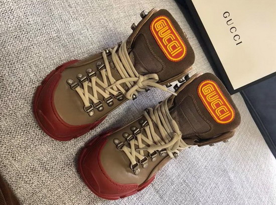 Gucci Flashtrek High Top Sneaker Taupe Leather and Suede and Technical Canvas