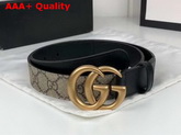 Gucci GG Belt with Double G Buckle Beige Ebony GG Supreme and Black Leather 625839 Replica