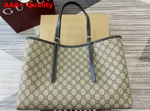 Gucci GG Emblem Medium Tote Bag in Beige Ebony GG Supreme Canvas and Black Leather Trim 815213 Replica