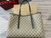 Gucci GG Emblem Medium Tote Bag in Beige Ebony GG Supreme Canvas and Black Leather Trim 815213 Replica