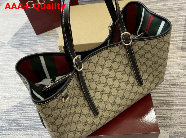 Gucci GG Emblem Medium Tote Bag in Beige Ebony GG Supreme Canvas and Black Leather Trim 815213 Replica