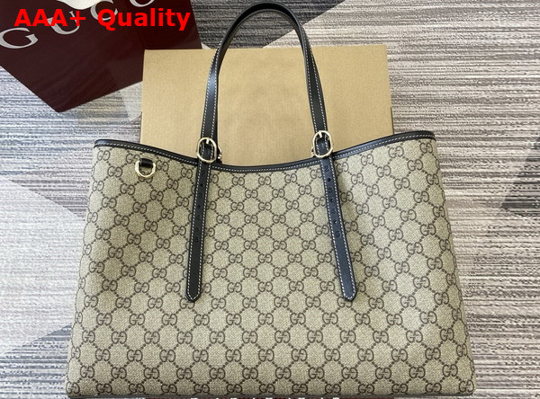 Gucci GG Emblem Medium Tote Bag in Beige Ebony GG Supreme Canvas and Black Leather Trim 815213 Replica