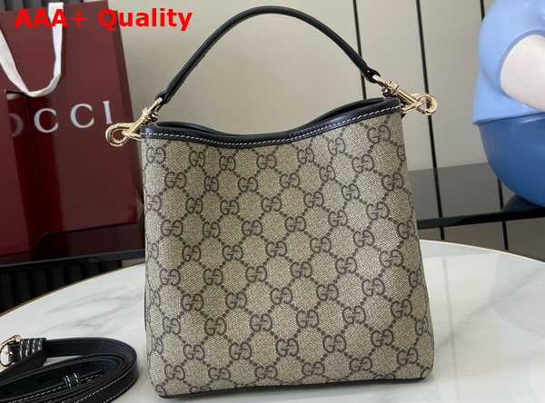 Gucci GG Emblem Mini Bucket Bag in Beige and Ebony GG Supreme Canvas and Black Leather Trim 815118 Replica