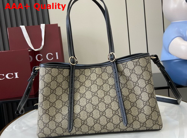 Gucci GG Emblem Small Tote Bag in Beige and Ebony GG Supreme Canvas and Black Leather Trim 815214 Replica