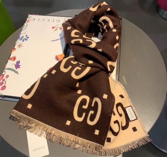 Gucci GG Jacquard Wool Silk Scarf in Brown Wool Silk