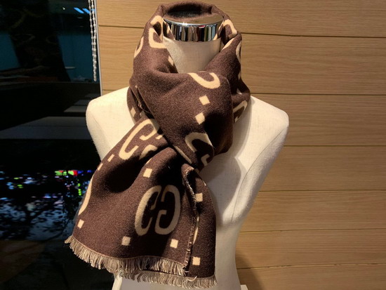 Gucci GG Jacquard Wool Silk Scarf in Brown Wool Silk