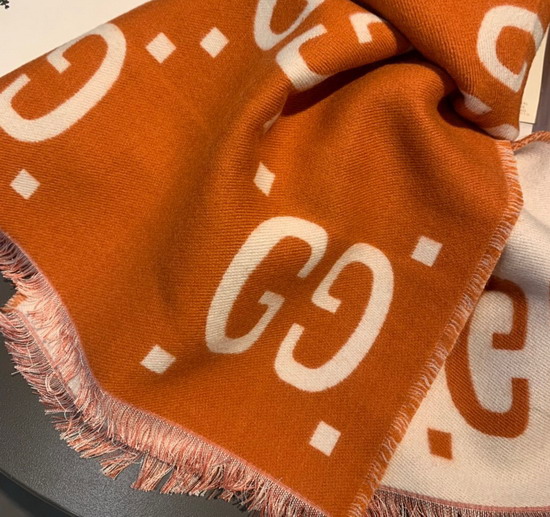 Gucci GG Jacquard Wool Silk Scarf in Orange and Beige Wool Silk