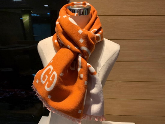 Gucci GG Jacquard Wool Silk Scarf in Orange and Beige Wool Silk