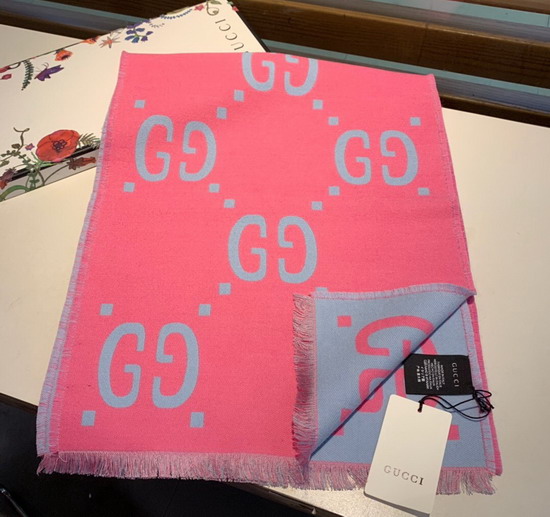 Gucci GG Jacquard Wool Silk Scarf in Pink and Blue Wool Silk 505395