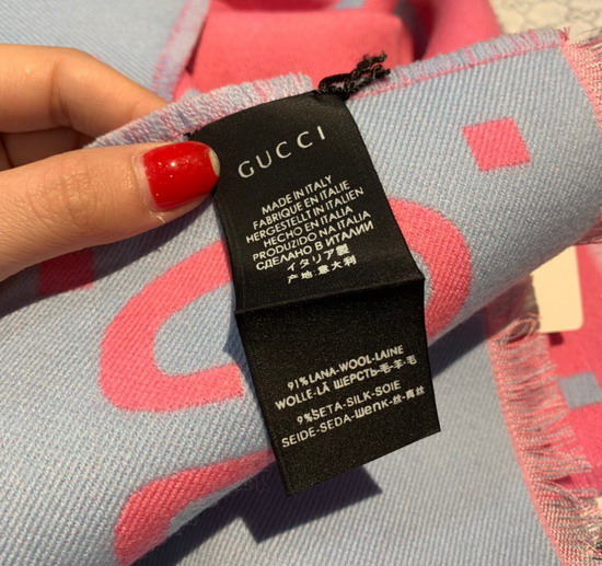 Gucci GG Jacquard Wool Silk Scarf in Pink and Blue Wool Silk 505395