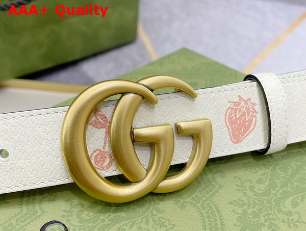 Gucci GG Marmont Belt in Beige Leather with Strawberry Print Replica