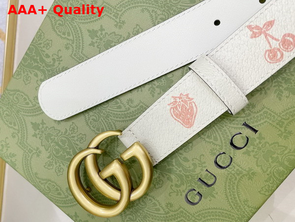 Gucci GG Marmont Belt in Beige Leather with Strawberry Print Replica