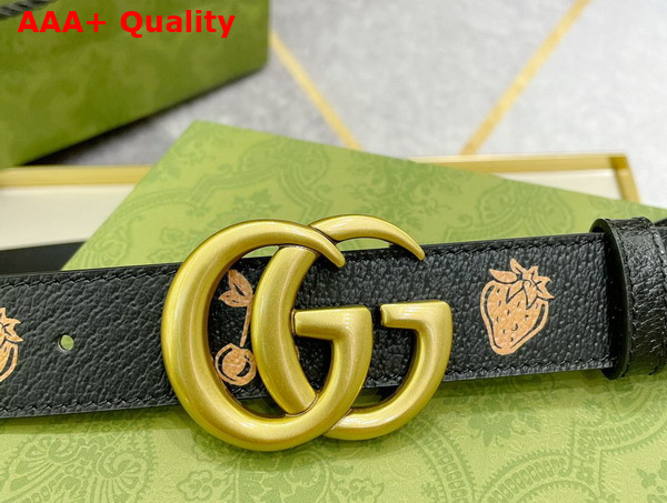 Gucci GG Marmont Belt in Black Leather with Strawberry Print Replica