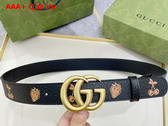 Gucci GG Marmont Belt in Black Leather with Strawberry Print Replica