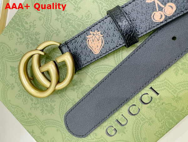 Gucci GG Marmont Belt in Black Leather with Strawberry Print Replica