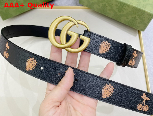 Gucci GG Marmont Belt in Black Leather with Strawberry Print Replica