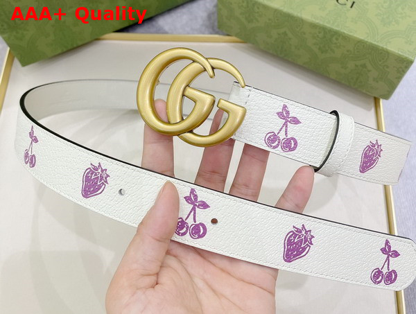 Gucci GG Marmont Belt in White Leather with Strawberry Print Replica