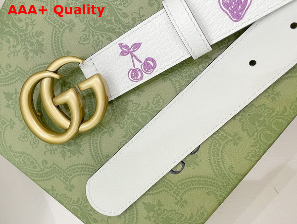 Gucci GG Marmont Belt in White Leather with Strawberry Print Replica