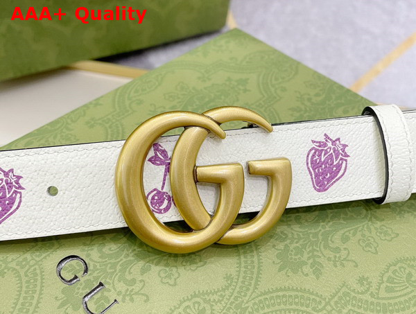 Gucci GG Marmont Belt in White Leather with Strawberry Print Replica