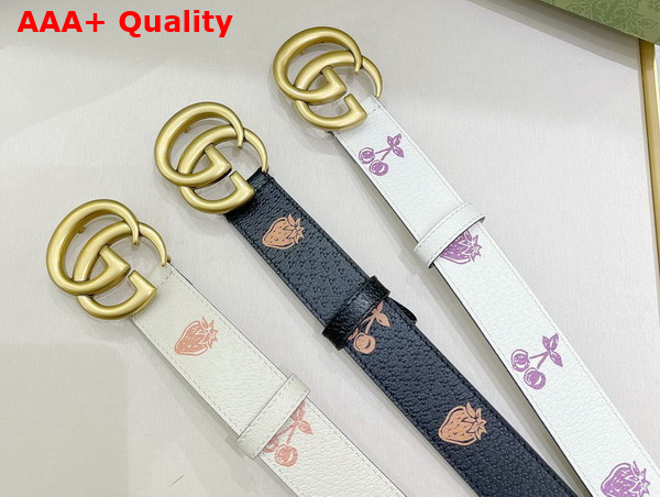 Gucci GG Marmont Belt in White Leather with Strawberry Print Replica