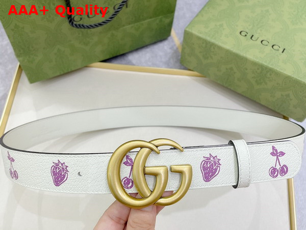 Gucci GG Marmont Belt in White Leather with Strawberry Print Replica