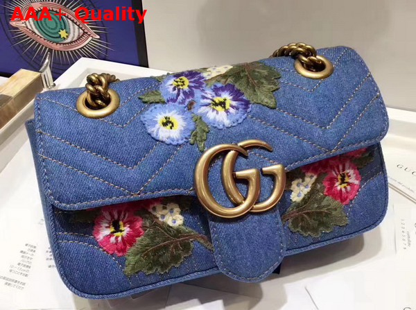 Gucci GG Marmont Embroidered Denim Mini Bag Blue Chevron Replica