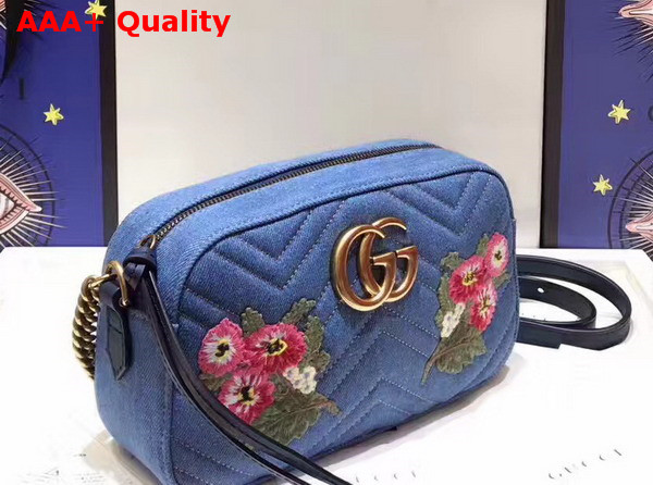 Gucci GG Marmont Embroidered Denim Shoulder Bag Blue Chevron Replica